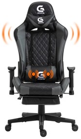 Scaun gaming cu masaj în perna lombară, sezut benzi elastice sustinere, cotiere 3D, suport picioare, funcție sezlong, Negru/Gri