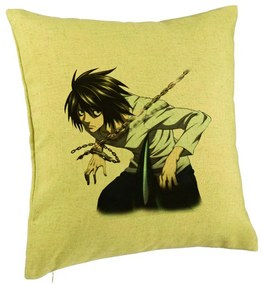 Perna Decorativa cu Death Note L, 40x40 cm, Verde, Husa Detasabila, Burduf