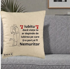 Cadou pentru Iubit - Perna Personalizata Iubitu Nemuritor cu Cuplu Line-Art si Inimi Rosii, 40x40 cm, Bej, Husa Detasabila, Perna Inclusa, BEKZ®