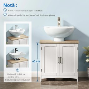 kleankin Dulap Sub Lavoar Baie cu 2 Uși și Raft Reglabil Alb și Lemn | Aosom Romania