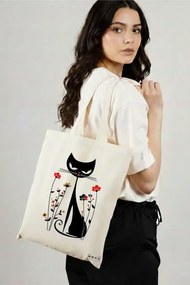 Sacosa de Panza pentru Cumparaturi, Geanta Tote, model Cat and Flowers 2, 38 x 34.5 cm, Alba, BEKZ®
