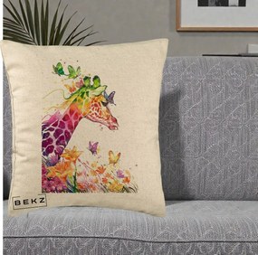 Perna Decorativa Girafa Curcubeu Acuarela, 40x40 cm, Bej, Husa Detasabila, Perna Inclusa, BEKZ®