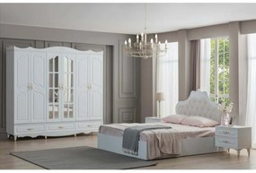 Dormitor Akasya, alb/crem, mdf/pal, pat 160×200, dulap cu 6 usi, 2 comode, 2 noptiere