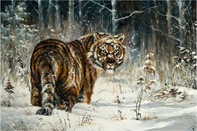 Tablou - Tigru într-o pădure înzăpezită, pictură în ulei (90x60 cm)