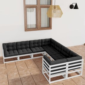 3077025 vidaXL Set mobilier grădină cu perne, 8 piese, alb, lemn masiv de pin