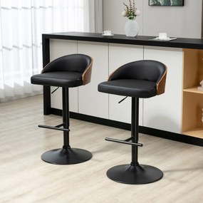 HOMCOM Scaune de Bar Set 2 buc., Scaun de Bar Tapitat din Oțel și Lemn Masiv, Înălțime Reglabilă pentru Bucătărie cu Suport pentru Picior, Rotativ 360°, Scaun de Bar pentru Bucătărie, Sufragerie, Sală de Mese, Negru+Cafea | Aosom Romania
