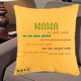 Cadou pentru Mama - Perna Personalizata Mama Cel Dintai Cuvant cu Text Colorat Multicolor, 40x40 cm, Galben, Husa Detasabila, Perna Inclusa, BEKZ®