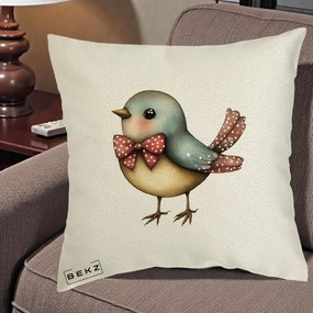 Perna Decorativa Pasare Bleu cu Fundita Rosie, 40x40 cm, Ecru, Husa Detasabila, Perna Inclusa, BEKZ®