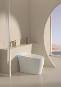 Smart WC R02 – Vas de Toaletă Inteligent cu rezervor integrat, deschidere automată, spălare cu apă caldă, uscare, senzor de picior, capac cu încălzire, afișaj LED, evacuare P-Trap, Alb