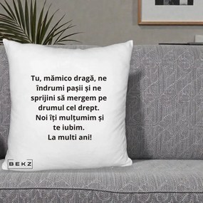 Cadou pentru Mama - Perna Personalizata Mamico Draga Te Iubim La Multi Ani cu Text Negru, 40x40 cm, Alb Pufos, Husa Detasabila, Perna Inclusa, BEKZ®