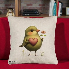 Perna Decorativa Pasare Verde cu Inima si Floare, 40x40 cm, Bej Canapea, Husa Detasabila, Perna Inclusa, BEKZ®