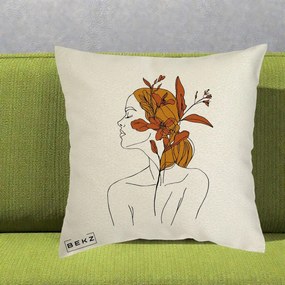 Perna Decorativa Portret Feminin Crin Ruginiu Auriu, 40x40 cm, Ecru, Husa Detasabila, Perna Inclusa, BEKZ®