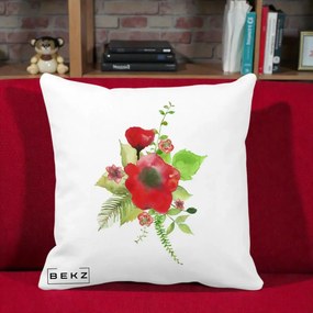 Perna Decorativa Buchet Rosu Acuarela, 40x40 cm, Alba Mata, Husa Detasabila, Perna Inclusa, BEKZ®