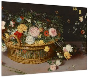 Tablou pe sticlă - Jan Brueghel the Elder, Flowers in a Basket and a Vase, reproducere (70x50 cm)