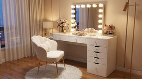 RESIGILAT- Set NORA – Masă de Toaletă pentru Machiaj, Oglindă Iluminată LED, Control Touch, trei tipuri culoare, Incarcare USB, 7 sertare, Alb