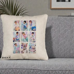 Perna Personalizata K-pop BTS Colaj 9 Fotografii Autografe Individual, 40x40 cm, Bej Canapea, Husa Detasabila, Perna Inclusa, BEKZ®