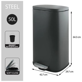Coș de gunoi gri închis cu pedală din oțel 50 l Akira – Spirella