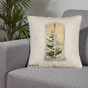 Perna Decorativa Fereastra cu Brad de Iarna, 40x40 cm, Bej Canapea, Husa Detasabila, Perna Inclusa, BEKZ®