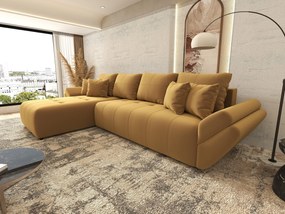 Colțar extensibil dumonde cu ladă de depozitare si sezut confortabil din spuma high-density, Berlin XL Royal Mustar 350x185 cm