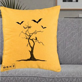 Perna Decorativa Halloween Copac cu Lilieci Alb-Negru, 40x40 cm, Galben, Husa Detasabila, Perna Inclusa, BEKZ®