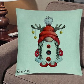 Perna Decorativa Pitic Gnom Craciun cu Coarne de Ren, 40x40 cm, Verde Menta, Husa Detasabila, Perna Inclusa, BEKZ®