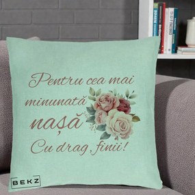 Cadou pentru Nasa - Perna Personalizata Pentru Cea mai Minunata Nasa Cu drag Finii, 40x40 cm, Verde Menta, Husa Detasabila, Perna Inclusa, BEKZ®