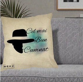Cadou pentru Cumnat - Perna Personalizata Cel mai Bun Cumnat cu Silueta Palarie si Pete Teal-Roz, 40x40 cm, Crem, Husa Detasabila, Perna Inclusa, BEKZ®