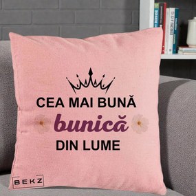 Cadou pentru Bunica - Perna Personalizata Cea Mai Buna Bunica Din Lume Coroana Mov Flori, 40x40 cm, Roz, Husa Detasabila, Perna Inclusa, BEKZ®