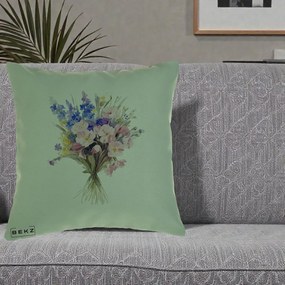Perna Decorativa Buchet Floral Acuarela Primavara, 40x40 cm, Verde, Husa Detasabila, Perna Inclusa, BEKZ®