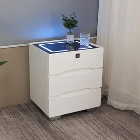 RESIGILAT- Noptieră inteligentă multifuncțională, 3 sertare, blocare amprentă, iluminare LED-uri Color Touch, încărcare fără fir, încărcare USB, sticlă securizată, Alb