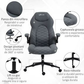 Vinsetto Scaun de Birou Ergonomic cu Înălțime Reglabilă, Cotiere Rabatabile și Funcție de Înclinare, Scaun cu 5 Roți, Dimensiuni 65,5x69,5x112-122 cm, Gri | Aosom Romania