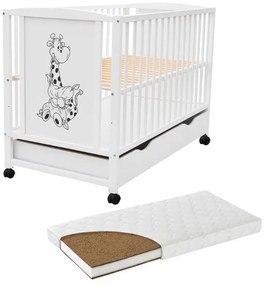 Patut din lemn masiv 120x60 cm Bria alb cu sertar, roti si saltea cocos LUX 120x60x9 cm, reglabil pe 3 nivele, certificat EN71