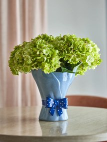 Vază din ceramică artizanală, albastru, cu formă ondulată și fundiță decorativă cu buline, 19,5x28,5 cm, „Belivia"