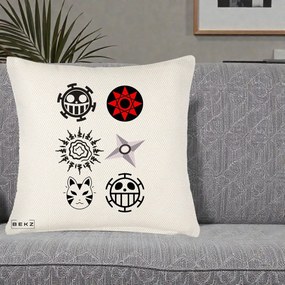 Perna Personalizata Simboluri Anime Mix - Naruto One Piece, 40x40 cm, Crem Reliefat, Husa Detasabila, Perna Inclusa, BEKZ®