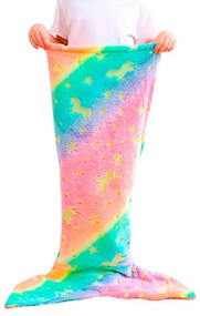 Patura unicorn pentru copii forma coada de sirena Mermaidream, 100x43 cm, Lumineaza in intuneric, Lana, Multicolor