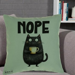 Perna Decorativa NOPE Pisica Neagra Cafea, 40x40 cm, Verde, Husa Detasabila, Perna Inclusa, BEKZ®