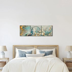 Tablou - Păun cu decor de aur (cu ceas) (90x30 cm)