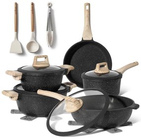 Set oale si tigai Just Perfecto JL-889, 14 piese, Finisaj marmura, Inductie, Accesorii, Negru