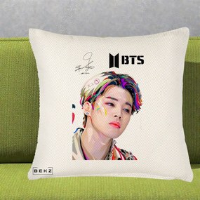 Perna Personalizata K-pop BTS Jimin Portret Artistic Multicolor cu Autograf, 40x40 cm, Crem Reliefat, Husa Detasabila, Perna Inclusa, BEKZ®