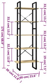 Biblioteca cu 5 rafturi, 60x30x175 cm, lemn de pin 1, black and light brown, 60 x 30 x 175 cm