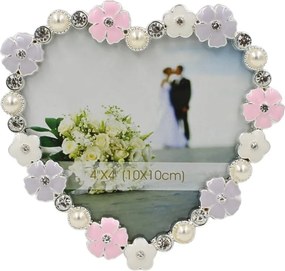 Ramă Foto Inimă AZAY cu Flori și Perle, 10x10 cm, Ramă Foto Romantică Decorativă, Cadou Nuntă / Aniversare, Cutie Cadou Inclusă