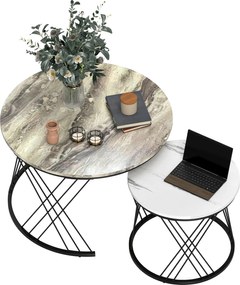 HOMCOM Lot de 2 mese joase gigogne rotunde Ø 70/44,5 cm cu blat efect marmură și picioare din metal, gri și alb | Aosom Romania