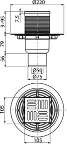 Sifon pardoseala 105Ã 105 50 75 mm iesire verticala, gratar din otel inoxidabil, sistem de retinere a mirosurilor umed APV201