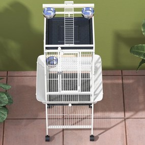 PawHut Colivie pentru păsări, volieră pe roți cu suport, tavă glisantă, bară de lemn pentru odihnă, 62,5x62,5x156cm, alb | Aosom Romania