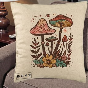 Perna Decorativa Ciuperci Boho Multicolore, 40x40 cm, Bej, Husa Detasabila, Perna Inclusa, BEKZ®