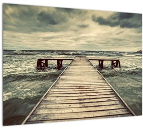 Tablou pe sticlă cu dig din lemn la mare (70x50 cm)