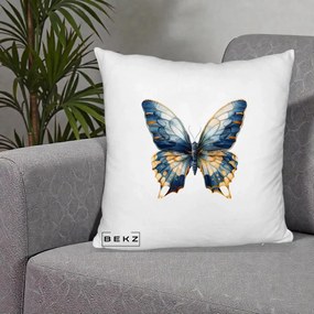 Perna Decorativa Fluture Albastru Auriu Elegant, 40x40 cm, Alb Pufos, Husa Detasabila, Perna Inclusa, BEKZ®