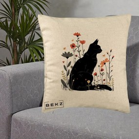 Perna Decorativa Pisica Neagra Profil Flori Portocalii, 40x40 cm, Bej, Husa Detasabila, Perna Inclusa, BEKZ®
