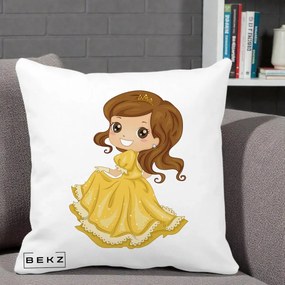 Perna Decorativa Printesa Bella Rochie Aurie, 40x40 cm, Alba Mata, Husa Detasabila, Perna Inclusa, BEKZ®