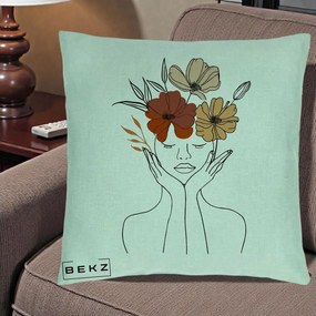 Perna Decorativa Portret Feminin Coroana Trei Flori, 40x40 cm, Verde Menta, Husa Detasabila, Perna Inclusa, BEKZ®